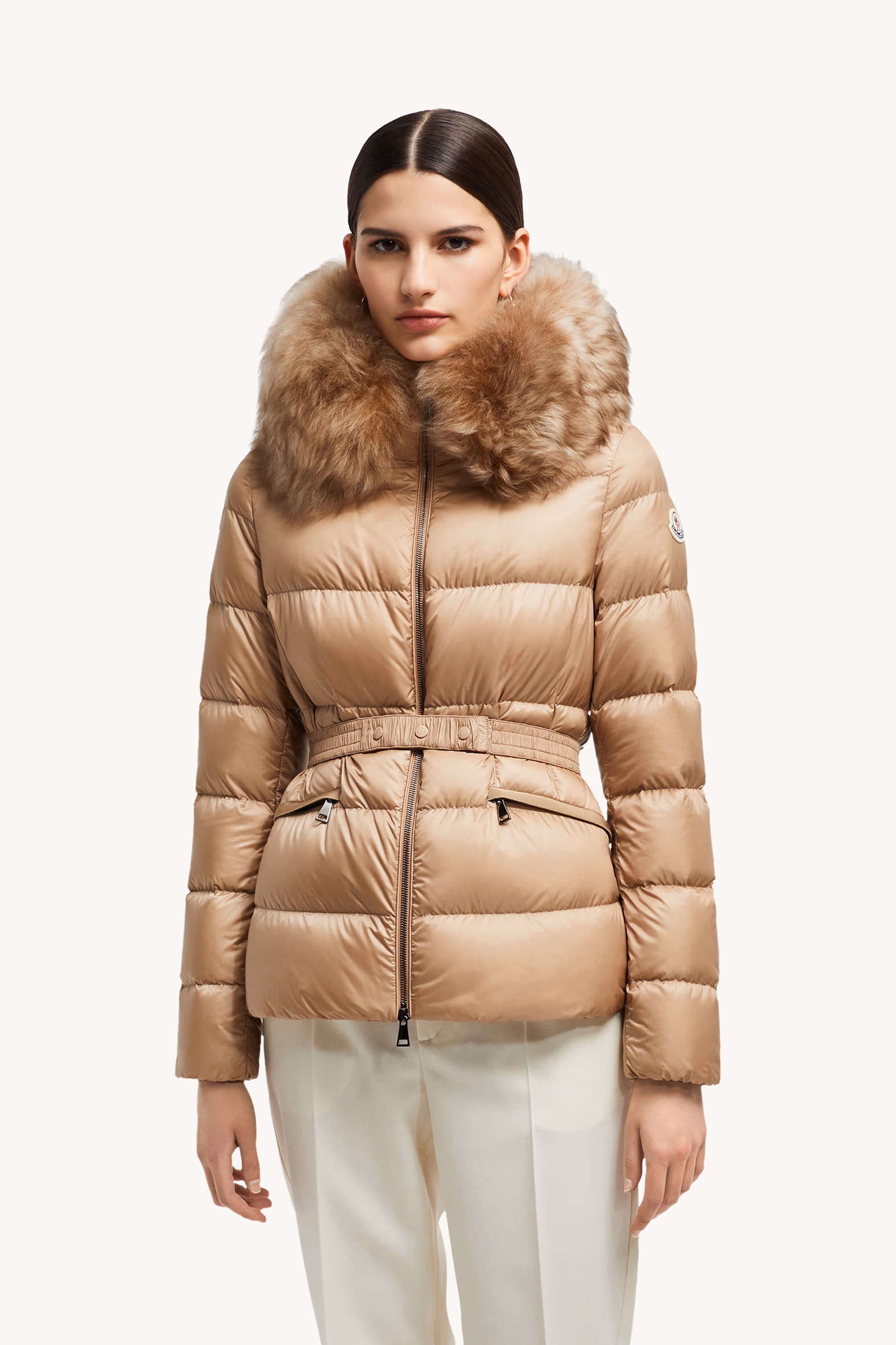 Boed Hooded Shearling-Trimmed Short Down Jacket Women Camel Beige Moncler 3